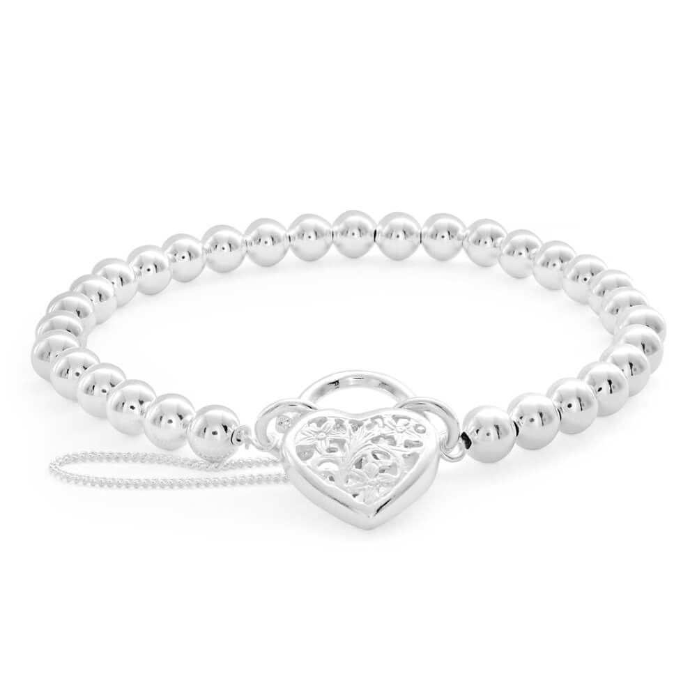 Sterling Silver Ball Link Padlock Bracelet with Filigree Heart