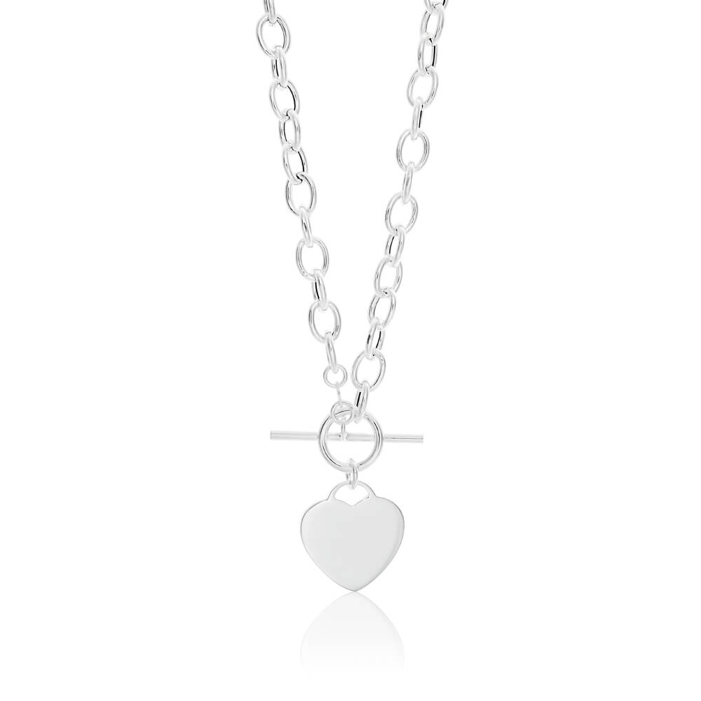 Sterling Silver Fancy Heart Charm T Bar Chain 45cm