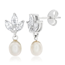 Load image into Gallery viewer, Sterling Silver Cubic Zirconia + Pearl Delight Drop Earrings