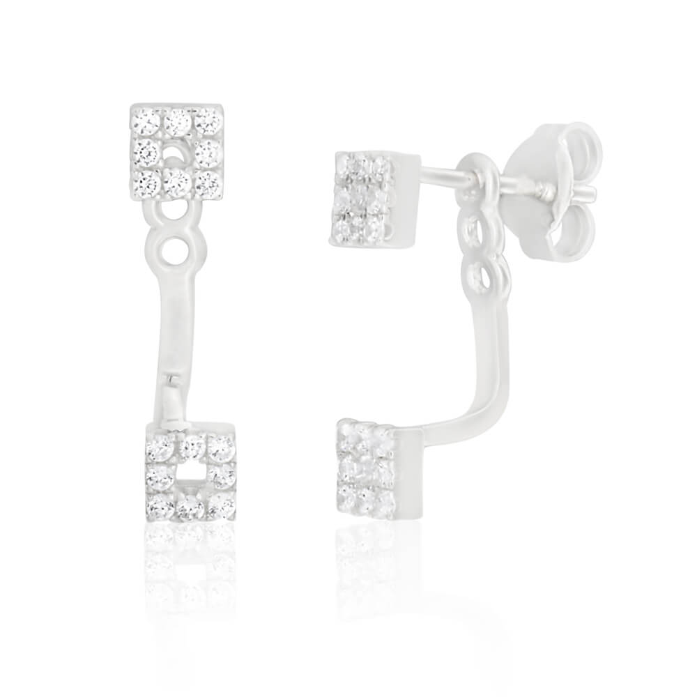 Sterling Silver Cubic Zirconia Geo Square Jacket Stud Earrings