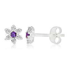 Load image into Gallery viewer, Sterling Silver Amethyst + Cubic Zirconia Flower Stud Earrings