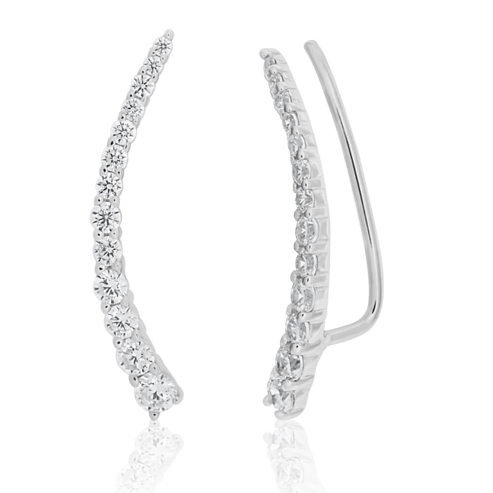 Sterling Silver Cubic Zirconia Curved Ear Climber Earrings