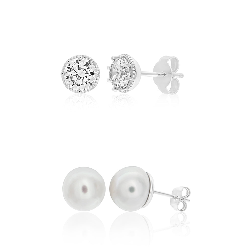 Sterling Silver Cubic Zirconia + Pearl Classic Jewellery Set