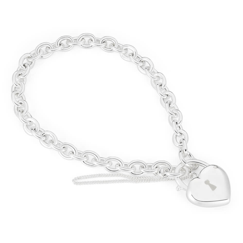 Sterling Silver Belcher Puff Heart Packlock 19cm Bracelet