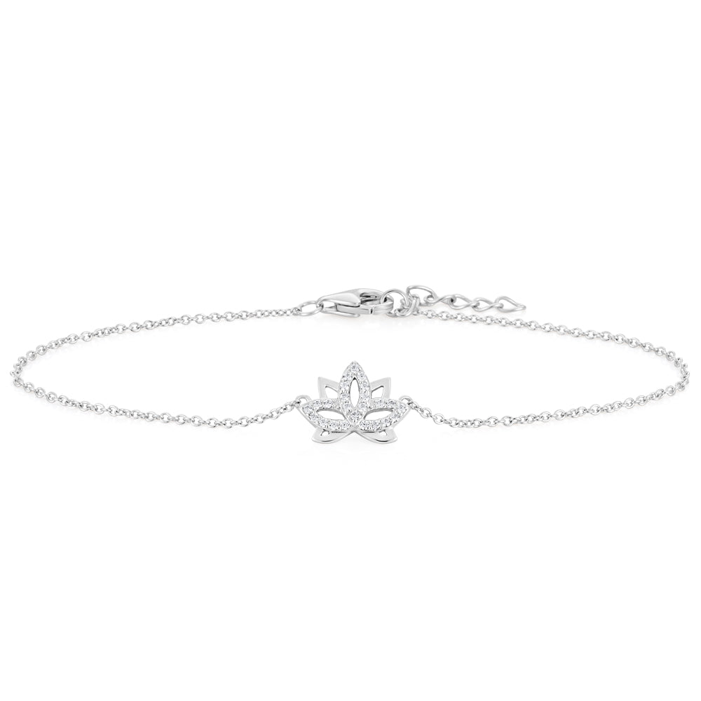 Sterling Silver Cubic Zirconia Lotus Charm Bracelet 17cm + 2cm extender