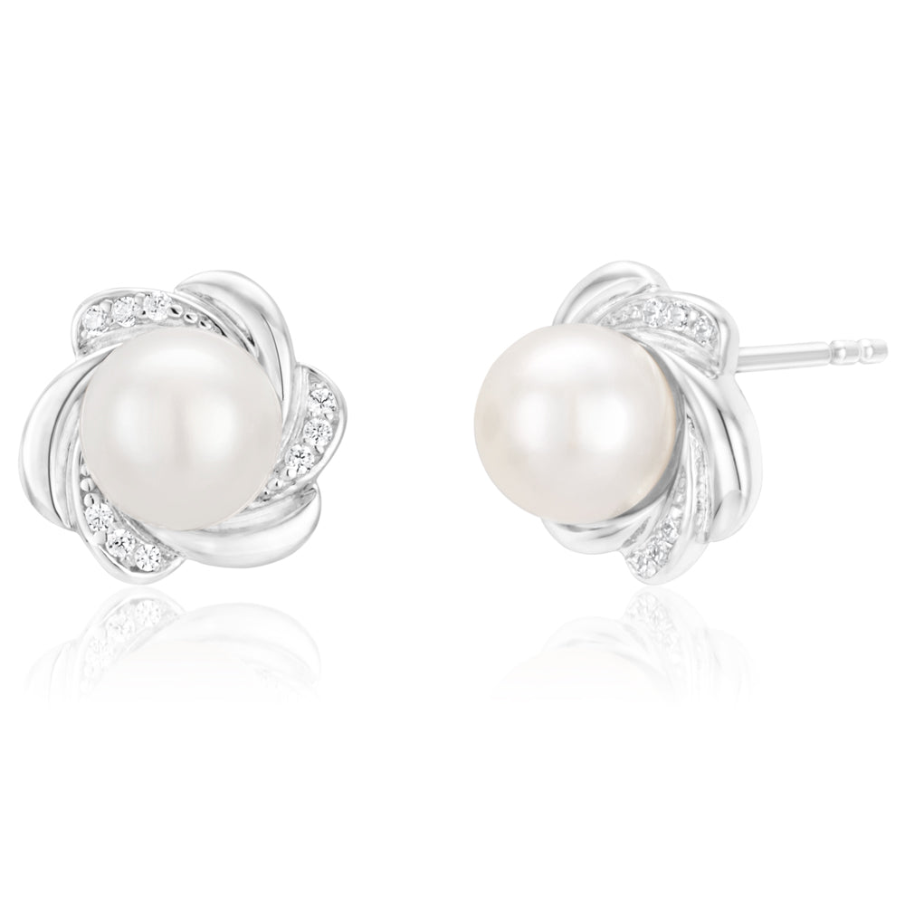 Sterling Silver Freshwater Pearl and Zirconia Stud Earrings