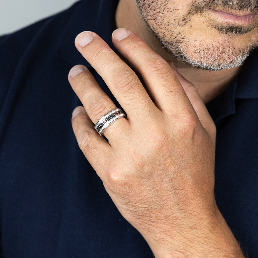 Sterling Silver Zirconia and Black Enamel Greek Key Ring