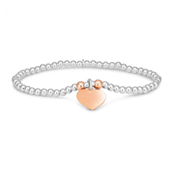 Sterling Silver 2-Tone Bead Bracelet With Heart Charm