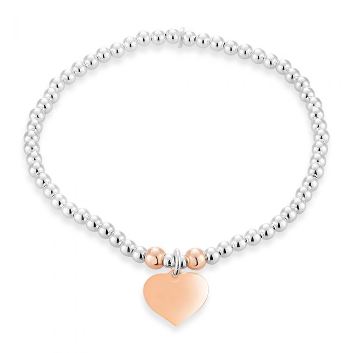 Sterling Silver 2-Tone Bead Bracelet With Heart Charm