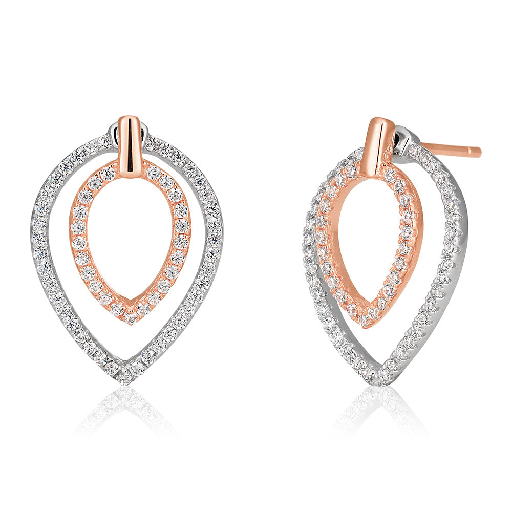 Sterling Silver and Rose Gold Plate Zirconia Teardrop Stud Earrings