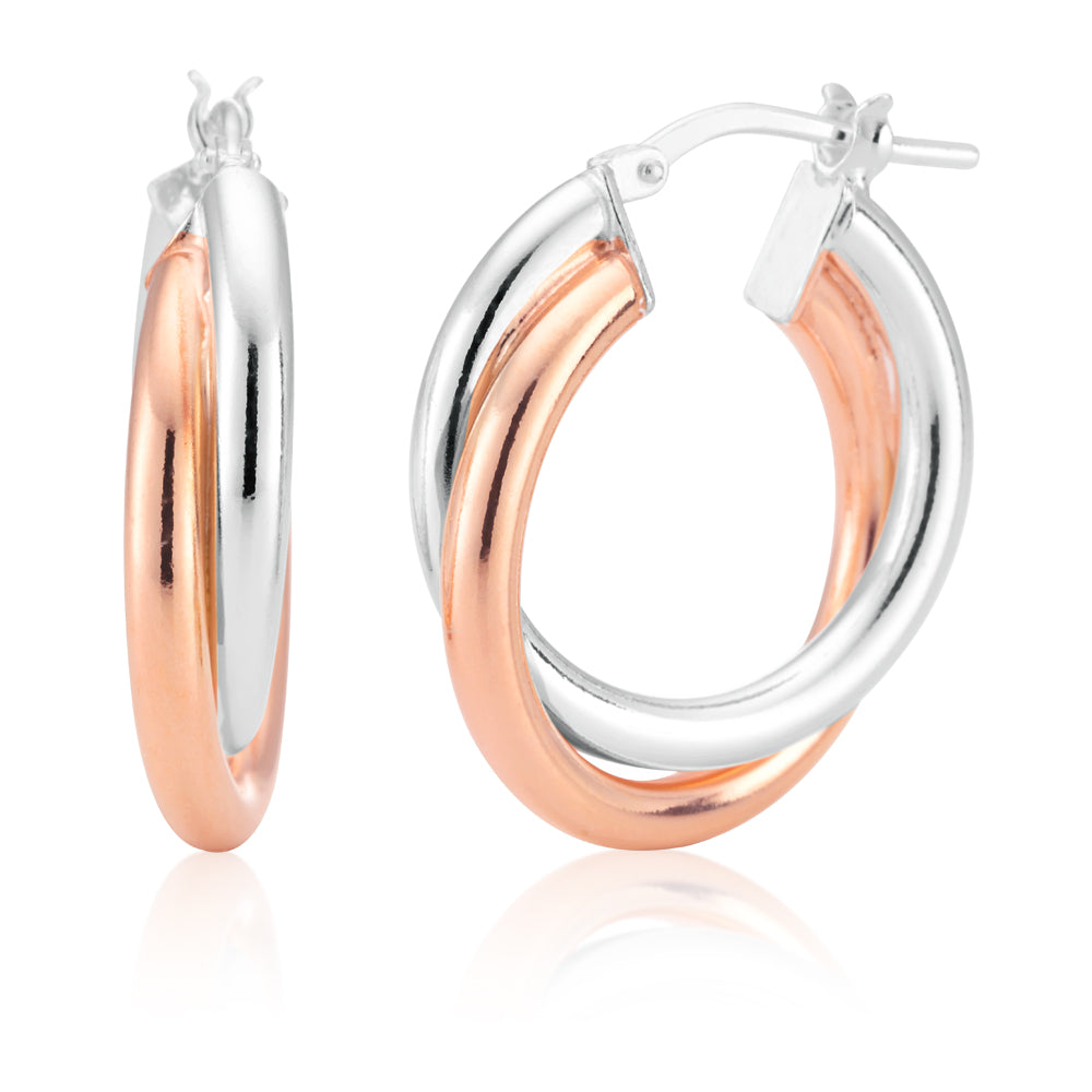 Rose Plated & Silver 15mm Double Hoop Earrings