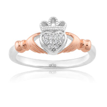 Load image into Gallery viewer, Sterling Silver and Rose Gold Plated Zirconia Claddagh Ring