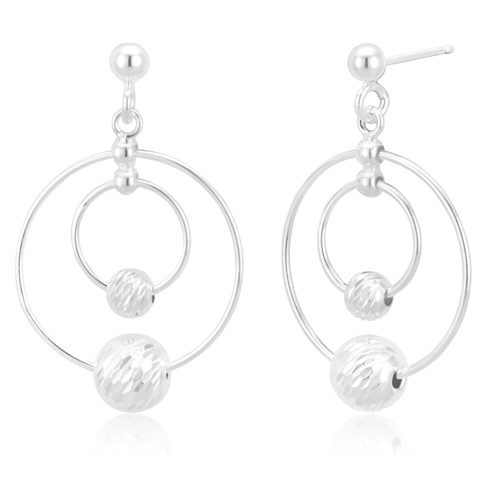 Sterling Silver Double Hoop and Ball Stud Drop Earrings