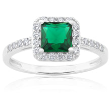 Load image into Gallery viewer, Sterling Silver Green and White Zirconia Cushion Cut Ring