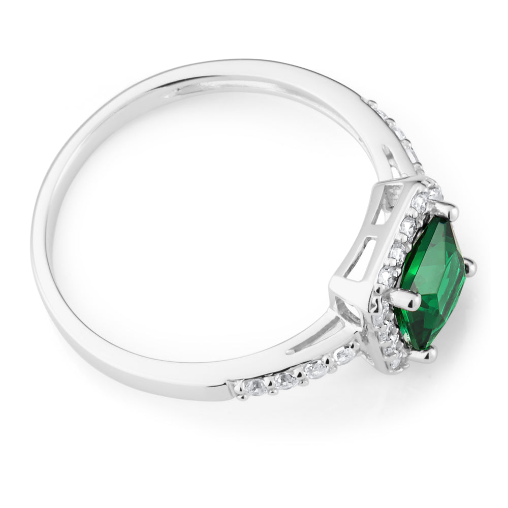 Sterling Silver Green and White Zirconia Cushion Cut Ring