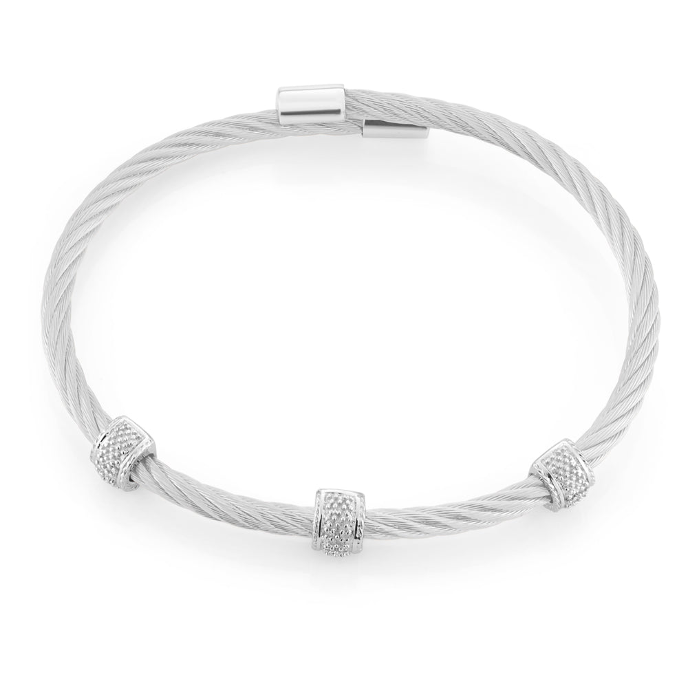 Sterling Silver 08 Points Diamond 3mm Cable Bangle