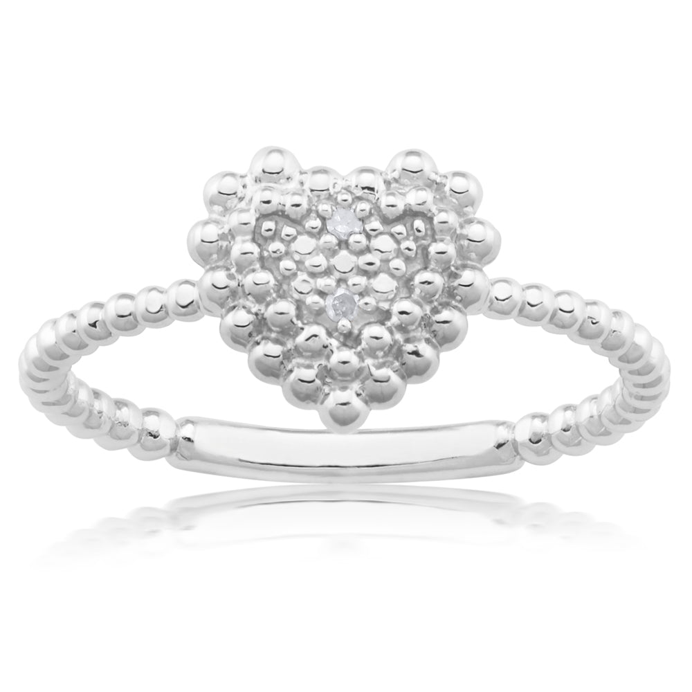 Sterling Silver 0.01 Carat Diamond Heart Ring with 2 Brilliant Cut Diamonds