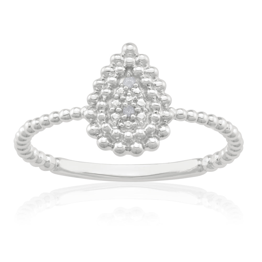 Sterling Silver 0.01 Carat Diamond Pear Shape Ring with 2 Brilliant Cut Diamonds