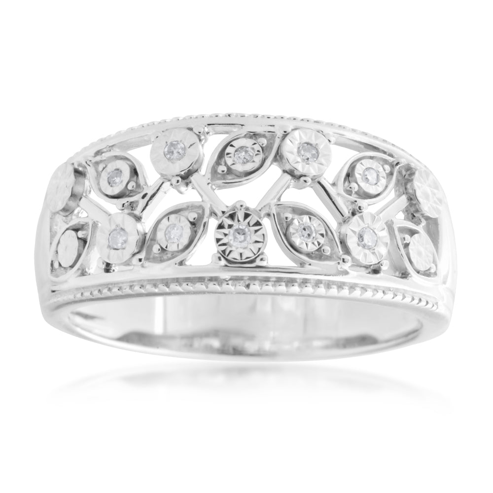 Sterling Silver 0.04 Carat Diamond Filigree Ring with 10 Brilliant Cut Diamonds