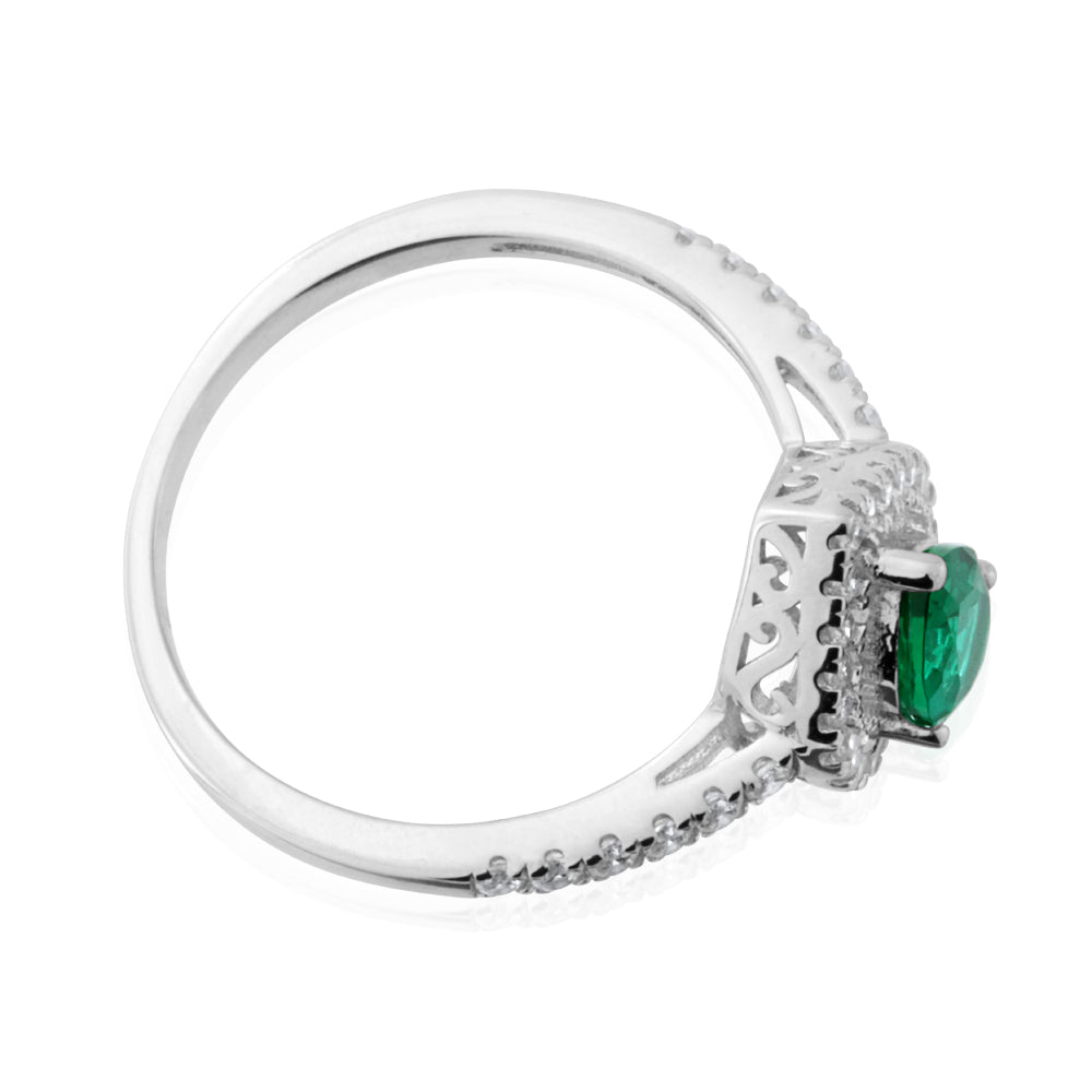 Sterling Silver Created Emerald and Zirconia Set Ring *Resize 1-2 Sizes Up*