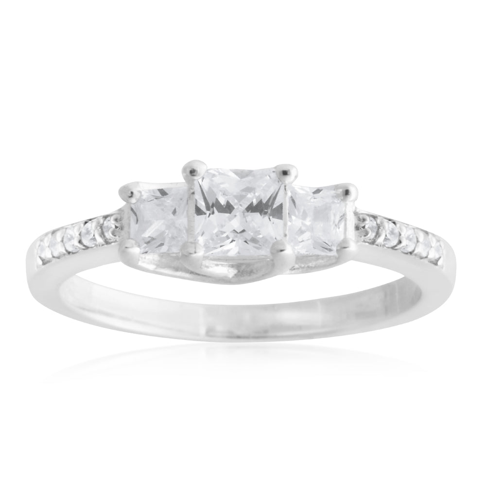 Sterling Silver Zirconia Princess Cut Trilogy Ring