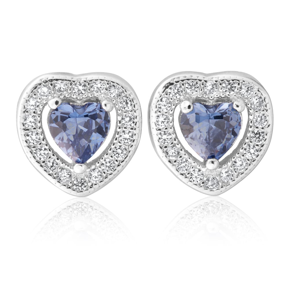 Sterling Silver Cobalt and White Zirconia Heart Stud Earrings