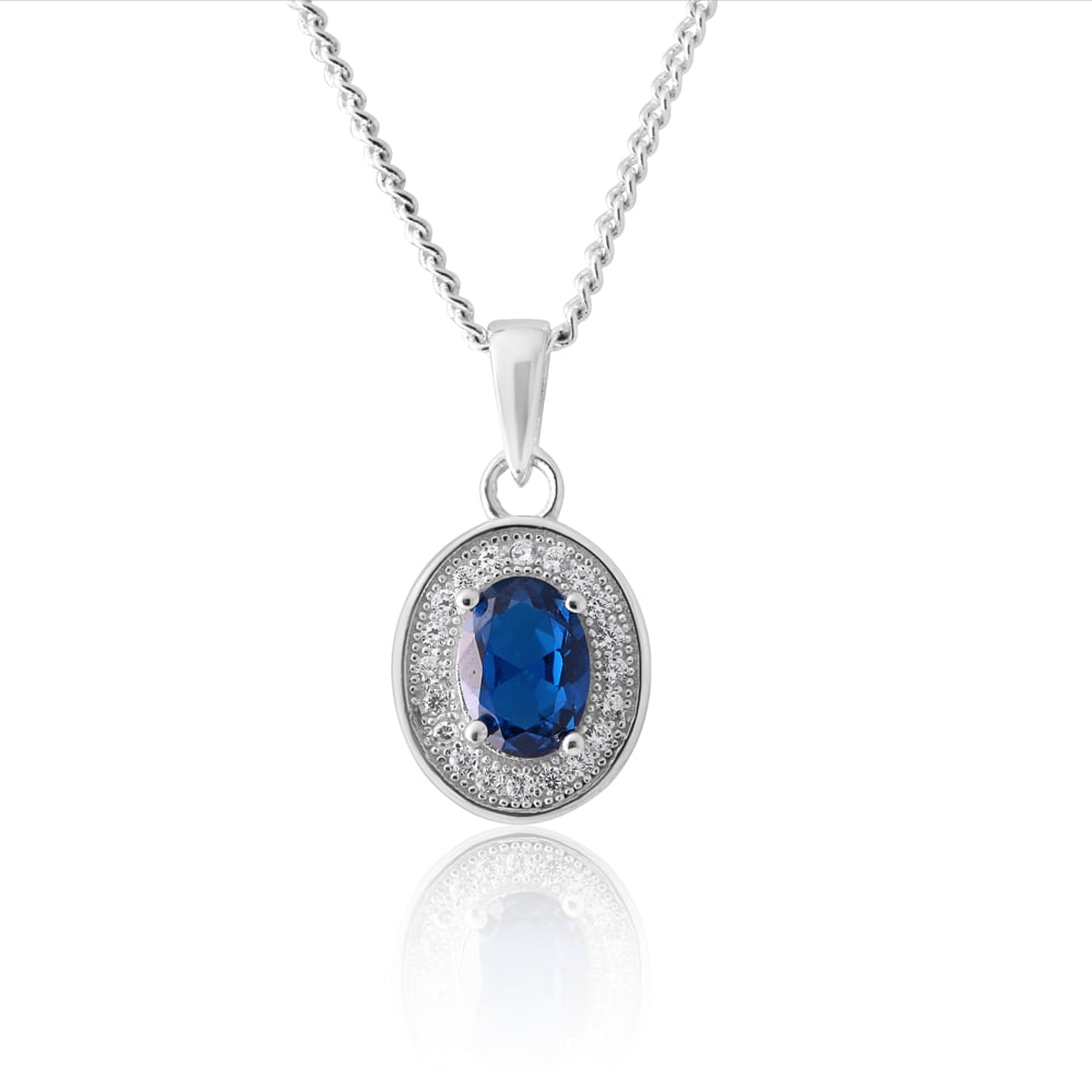 Sterling Silver Created Sapphire and Zirconia Oval Pendant