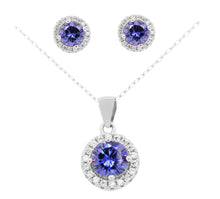 Load image into Gallery viewer, Sterling Silver Cobalt and White Zirconia Pendant and Stud Earring Set with Chain