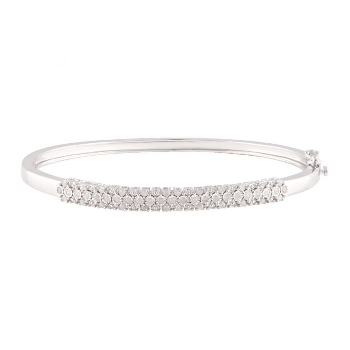 Sterling Silver 1/2 Carat Diamond 3 Row 60mm Hinge Bangle