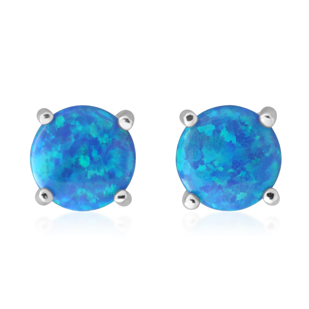 Sterling Silver 6mm Simulated 4 Claw Blue Opal Stud Earrings