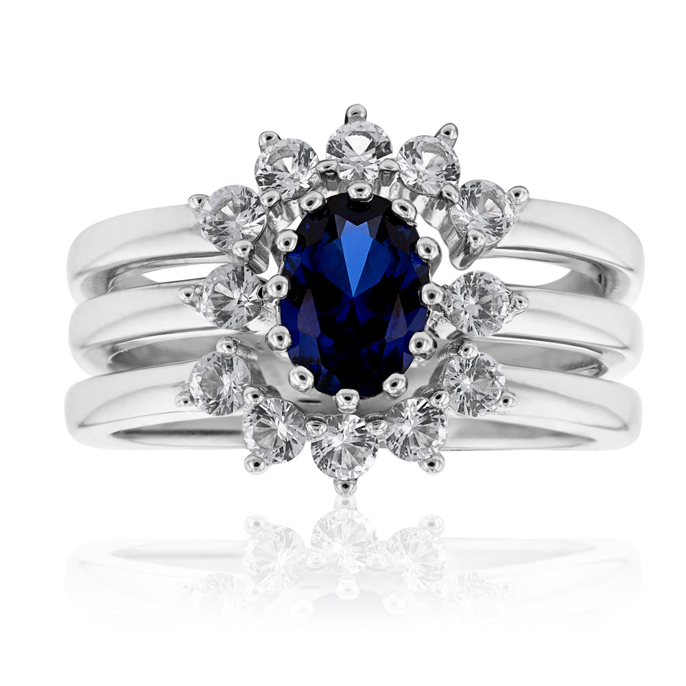 Sterling Silver Created Blue Sapphire and Created White Sapphire 3 Ring Set