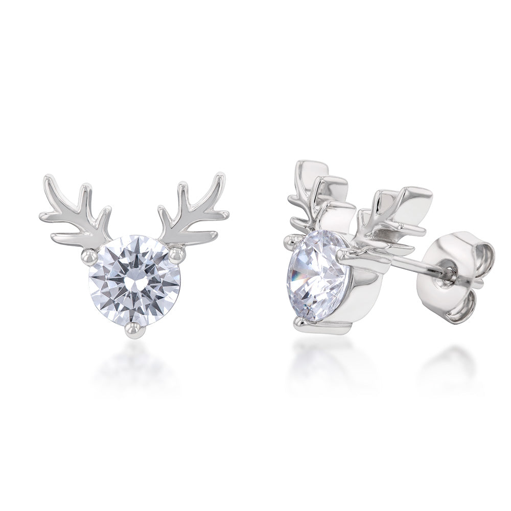 Rhodium Plated Sterling Silver Cubic Zirconia On Reindeer Head Stud Earrings