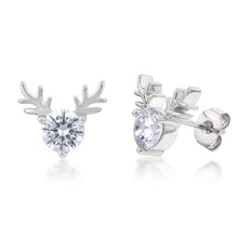 Load image into Gallery viewer, Rhodium Plated Sterling Silver Cubic Zirconia On Reindeer Head Stud Earrings