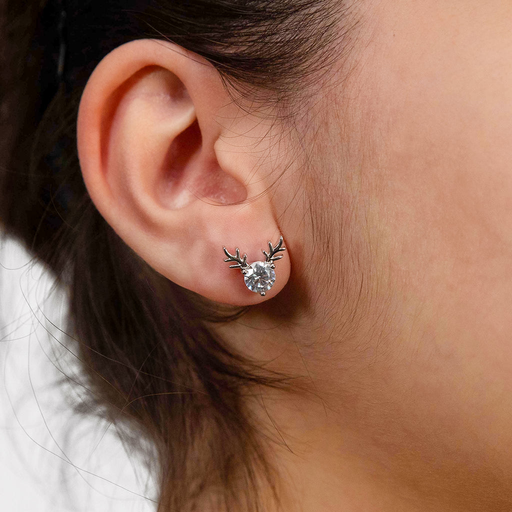 Rhodium Plated Sterling Silver Cubic Zirconia On Reindeer Head Stud Earrings