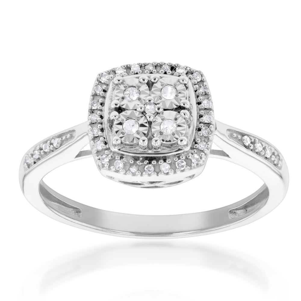 Silver 0.10 Carat Diamond Cushion Cluster Ring