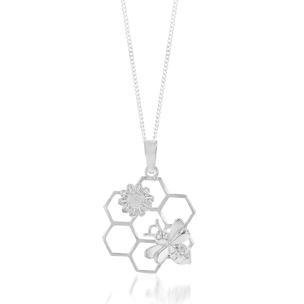 Sterling Silver Beehive With Bee And Flower Pendant