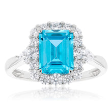 Load image into Gallery viewer, Sterling Silver Rhodium Plated White &amp; Aquamarine Cubic Zirconia Emerald Cut Ring