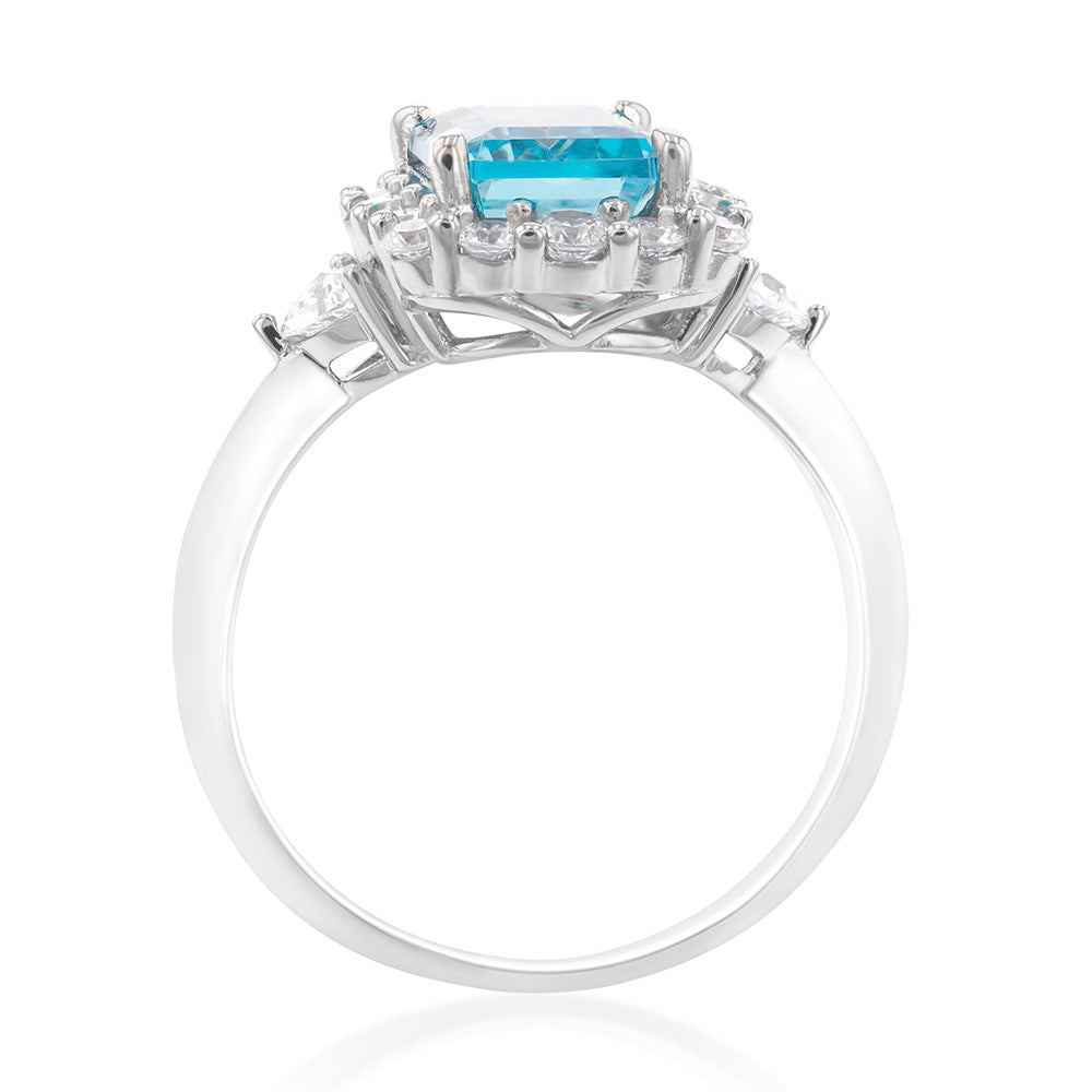 Sterling Silver Rhodium Plated White & Aquamarine Cubic Zirconia Emerald Cut Ring