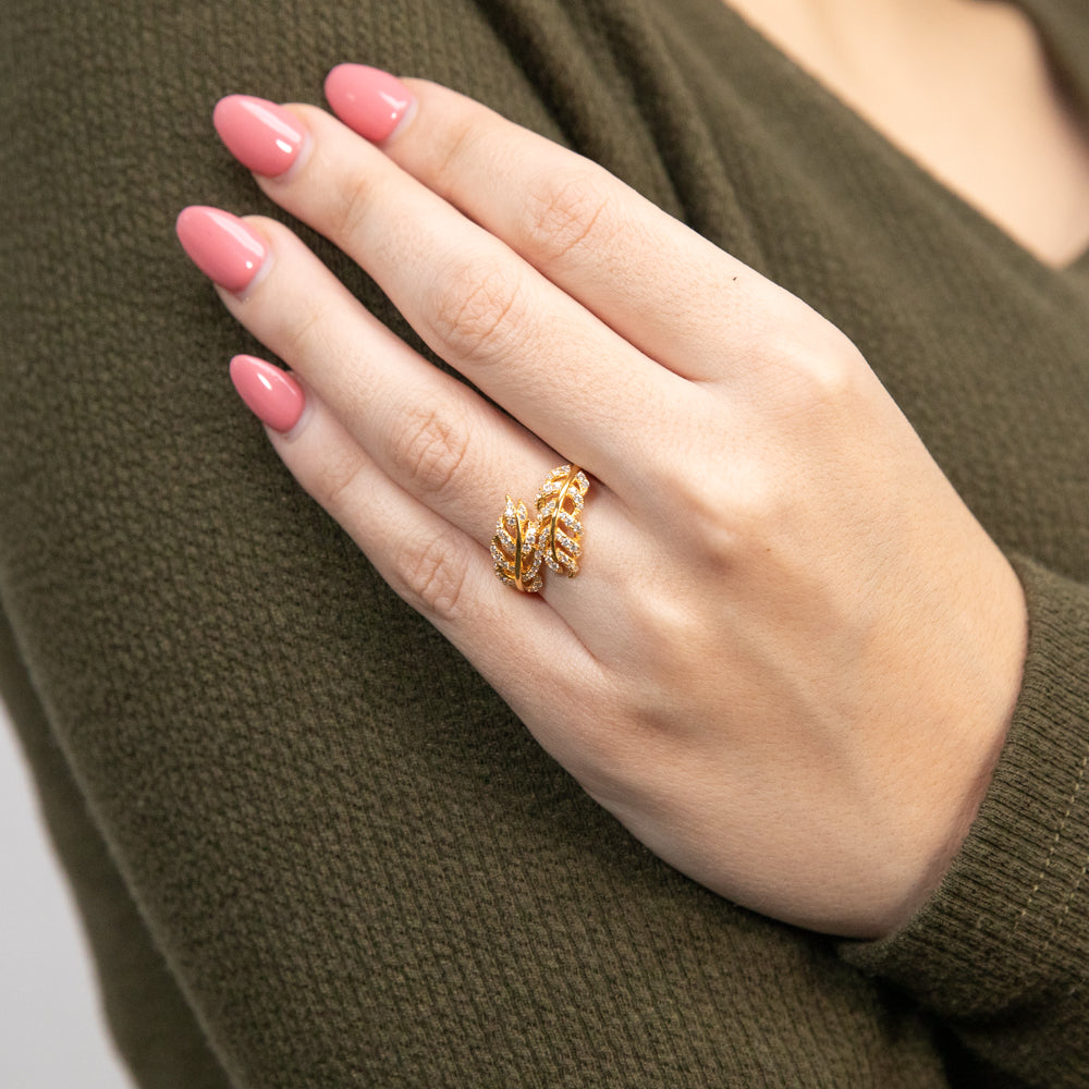 Sterling Silver Gold Plated Cubic Zirconia Feather Crossover Ring