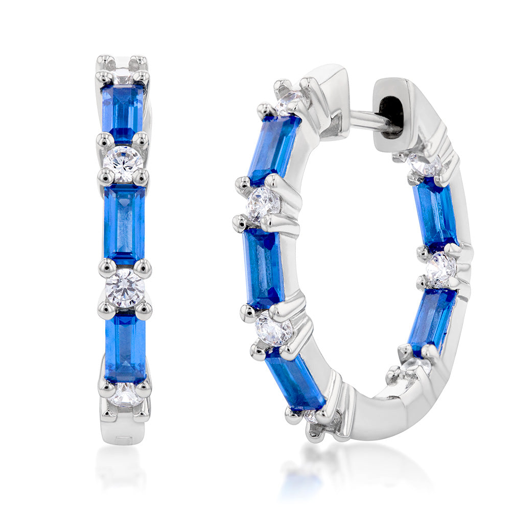 Sterling Silver Sapphire-Blue & White Cubic Zirconia Hoop Earrings