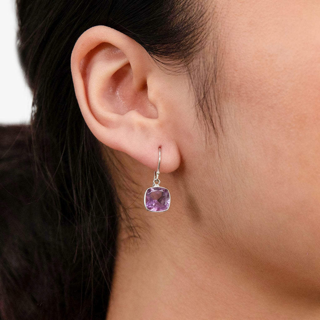 Sterling Silver Amethyst Cushion Cut Hook Drop Earrings