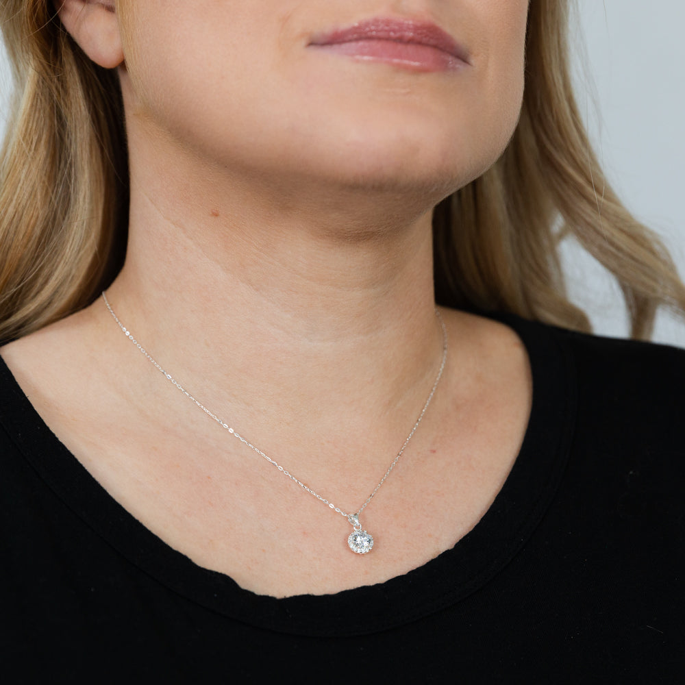 Sterling Silver Cubic Zirconia Halo Pendant On 45cm Chain