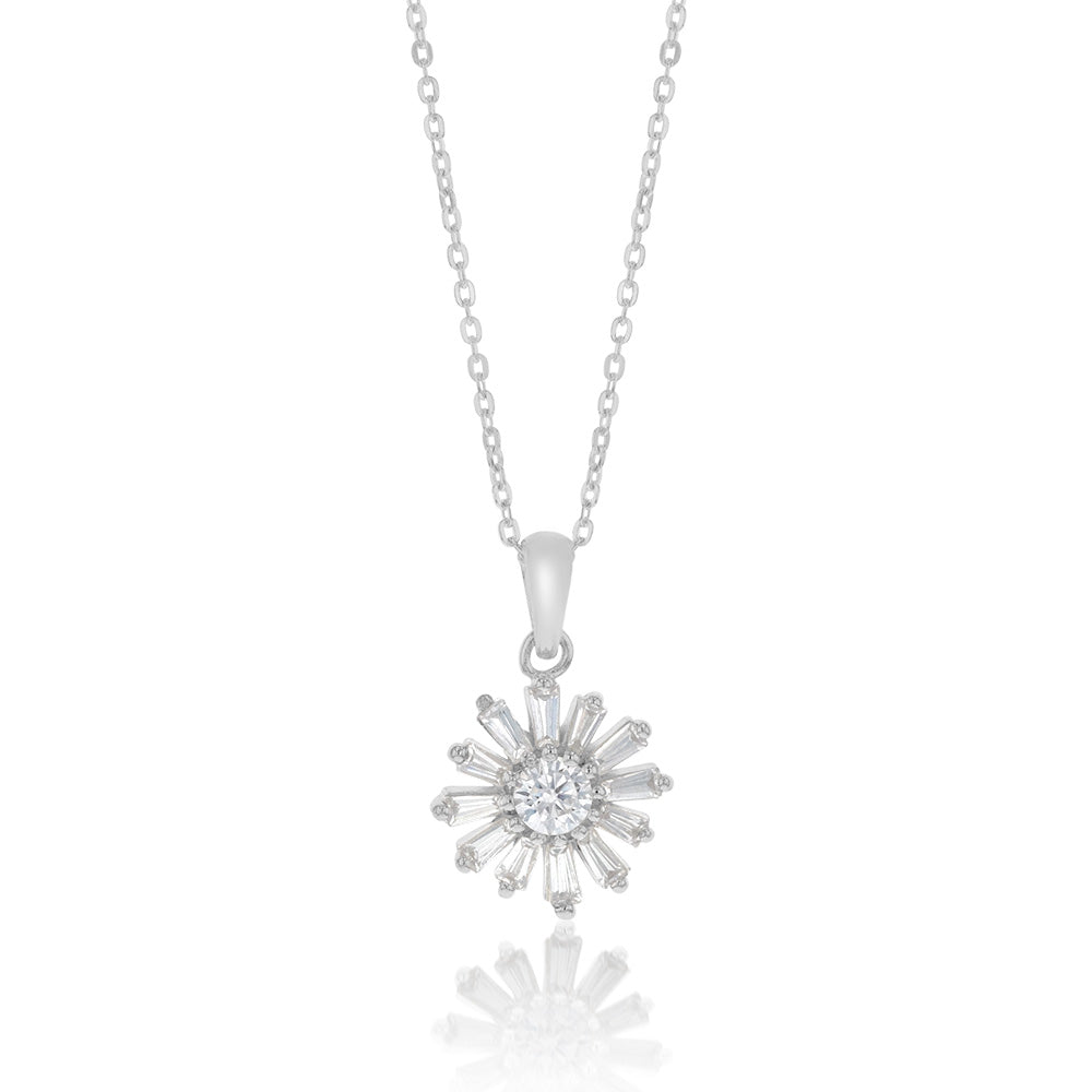 Sterling Silver Cubic Zirconia Flower Pendant On 42+3 cm Chain