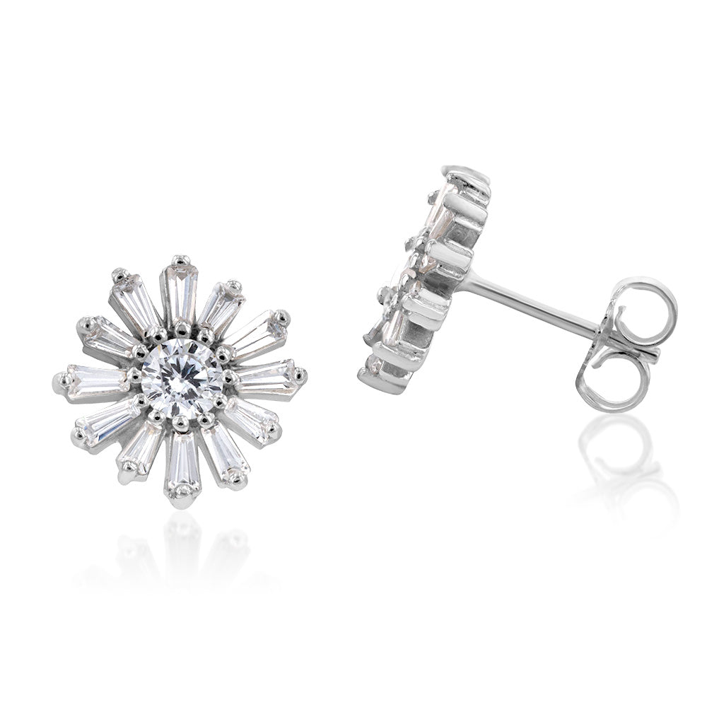 Sterling Silver Cubic Zirconia Flower Stud Earrings