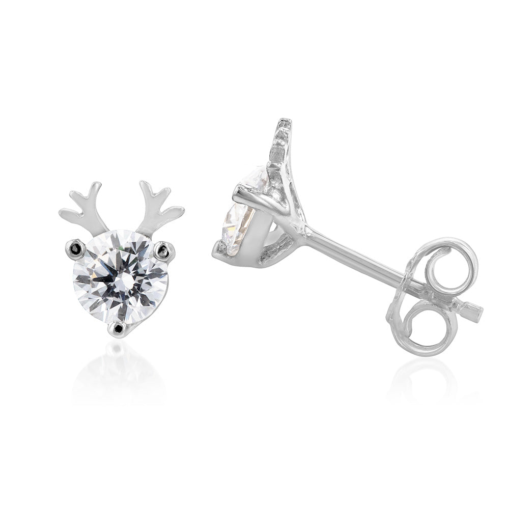 Sterling Silver Cubic Zirconia Reindeer Stud Earrings