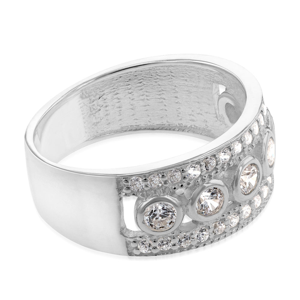 Sterling Silver Cubic Zirconia Broad Fancy Ring