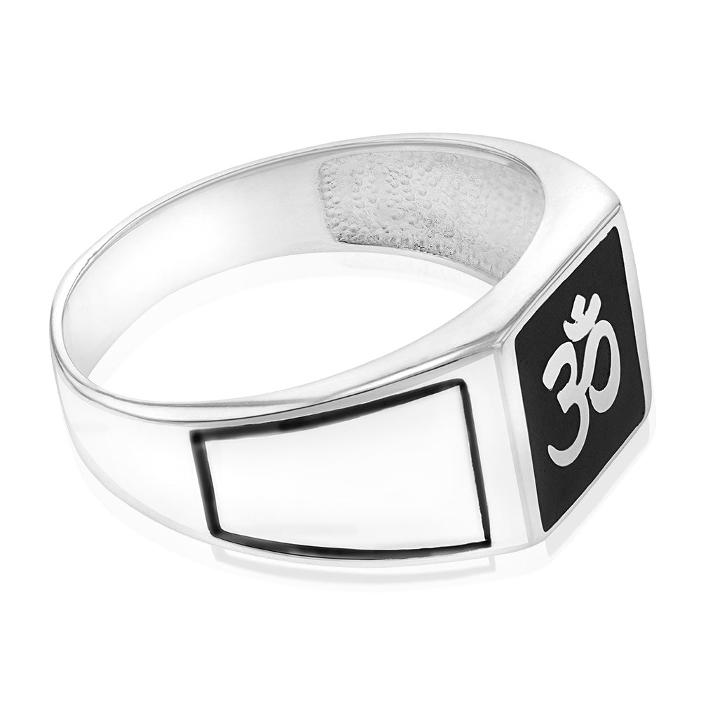 Sterling Silver "Om" On Black Square Gents Ring