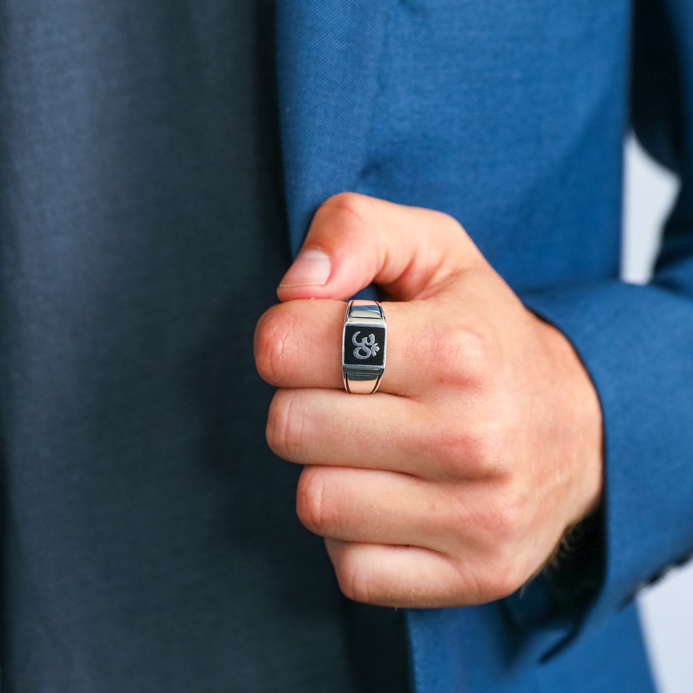 Sterling Silver "Om" On Black Square Gents Ring