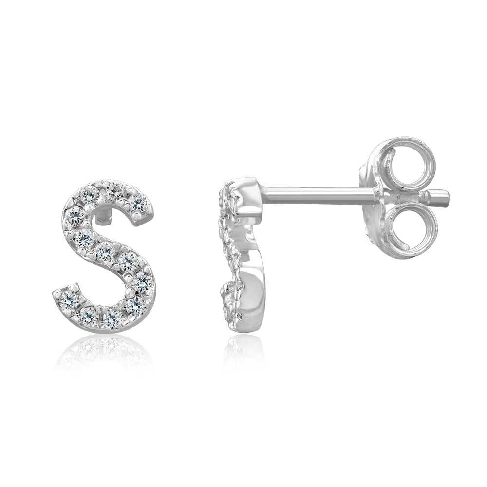 Sterling Silver Cubic Zirconia Initial "S" Stud Earrings