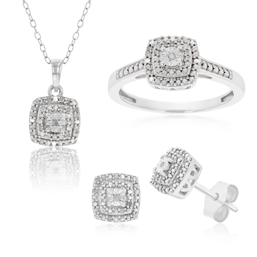 Sterling Silver 1/3 Carat Diamond Pendant Earring and Ring Set